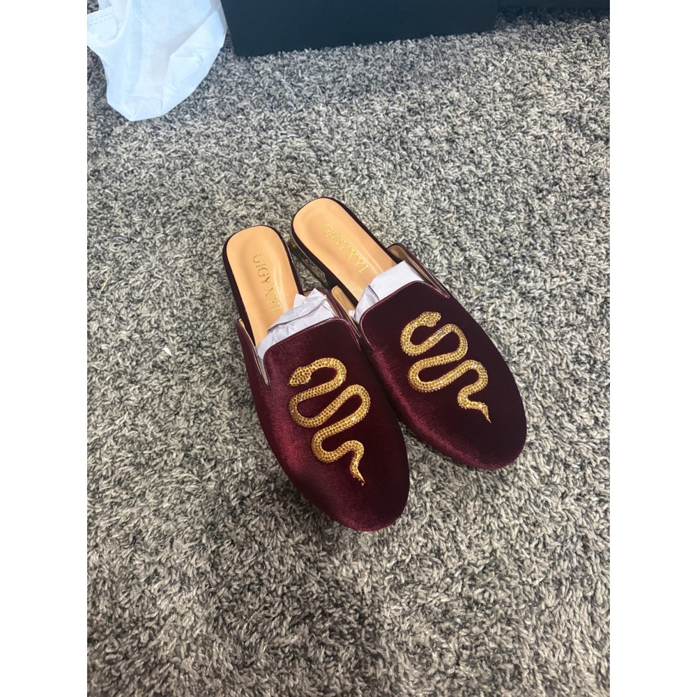 GIGYXYI Burgundy Velvet Snake Rhinestone Mule Loafers Gold Plated Heel 9.5